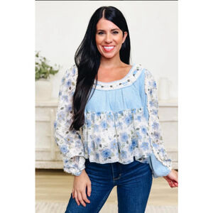Womens Pol Powder Blue Floral Blouse L